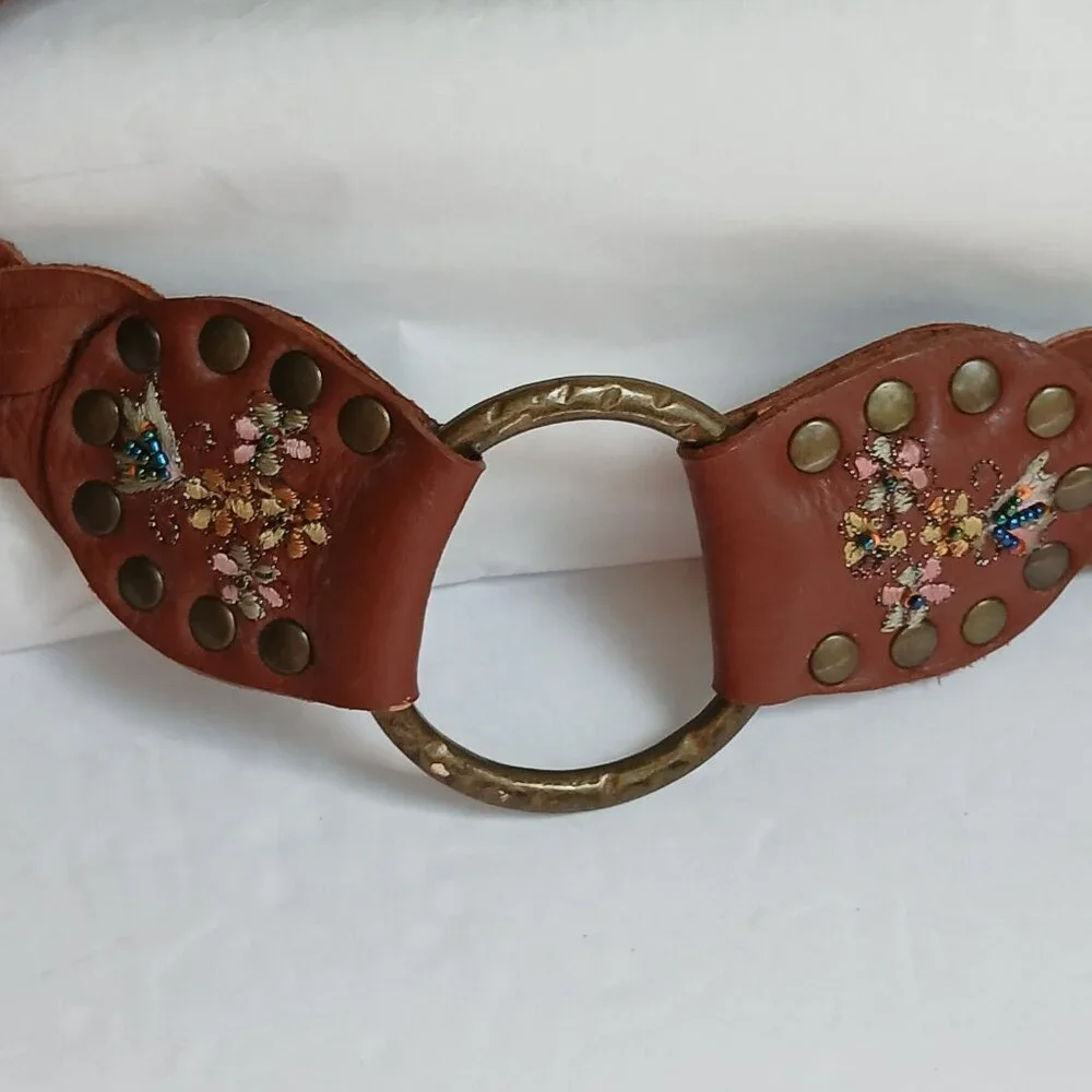 Vintage Brown  Studded Leather Embroidered Floral Beaded  Brass Ring Belt